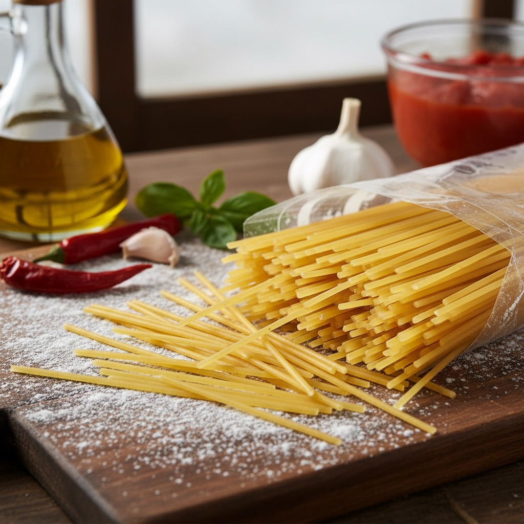 Spaghetti crudi su un tagliere di legno circondati da olio, pomodoro, aglio, peperoncino e basilico.